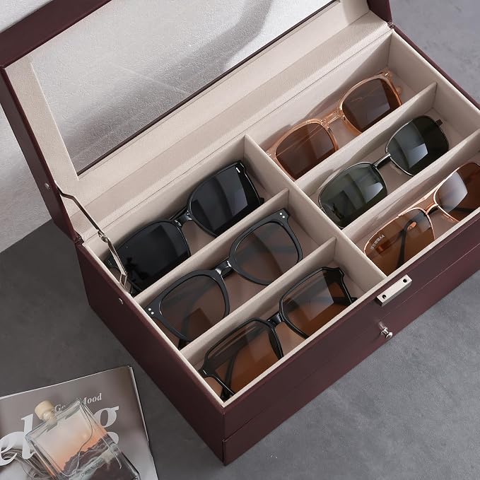 ProCase 12 Slots Sunglasses Organizer, 2 Layer Sunglass Case, Leather Eyeglass Cases for Display and Storage -Brown