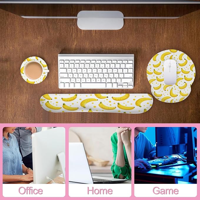 Cute Banana Mouse Pad with Wrist Rest Set, 3-in-1 Wrist Support Mousepad Set, Gaming Mat Pad with Anti-Skid Base,Ergonomic Memory Foam Mouse Pad Set for Women, Office, Typing, Gaming