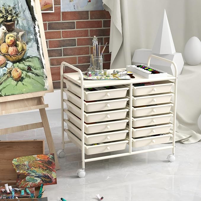 COSTWAY 12-Drawer Rolling Storage Cart, Utility Storage Organizer Cart | For Tools, Scrapbook, Paper, Craft, Multipurpose Art Supply Organizer on Wheels for Home Office School, Teacher, Ivory White