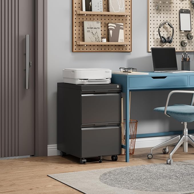 2 Drawer Mobile File Cabinet with Lock, Rolling File Cabinet with Wheels | Metal Small Filing Cabinet with Wheels for Home Office Storage, Fits Legal/A4/Letter/Document Size, Required Assembly, Black