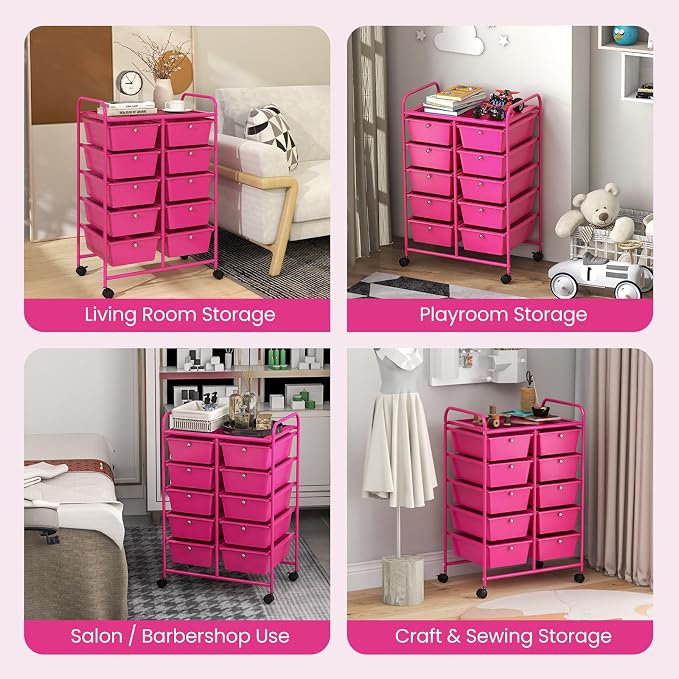 BECOMFORT 10-Drawer Rolling Cart with Drawers, Storage Cart on Wheels, Teacher Classroom Organizers with Metal Frame, Mobile Craft Cart, Trolley Utility Cart for School Office Play Room