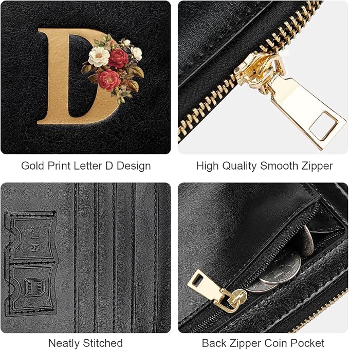 Passport Holder for Travel Personalized Wallet with Wristlet Women | Passport Cover, RFID Blocking, Passport Book Holders, Back Coin Pocket, Zipper Closure, Roses Initial Letter, Black D