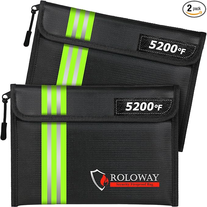 Fireproof Bag (9.6 x 6.6 inches) 5200℉ Heat Insulated with Reflective Strip, Fireproof Money Bag with Zipper for Cash (2-Pack Black)