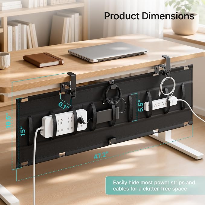 PEGZONE No Drill Under Desk Cable Management Tray, 47.2" Fabric Organizer | Clamp/Screw Premium Mount Cord Holder, for Power Strips, Adapters, with 2 Hooks & 1 Tie Roll for Home Office Gaming, Black