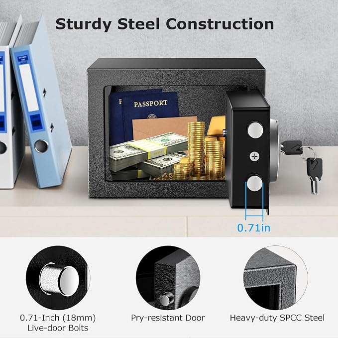 Bonsaii Safe Box with Electronic Keypad, Steel Security Lock Box with Key, 0.23 Cubic Feet, 9.06" W x 6.69" D x 6.69" H, Small Hidden Safe for Cash Jewelry | SPHC steel, 2 reinforcement bolts & hidden hinges, USB-C backup power, 9.06"x6.69"x6.69", fits...
