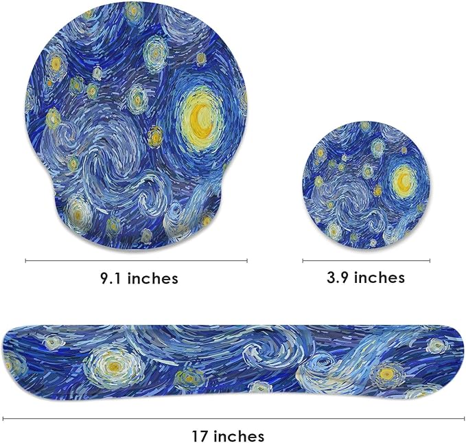 Ergonomic Mouse Pad Set with Wrist Rest, Abstract Night Sky | Starry Galaxy Non-Slip Rubber Base Wrist Cushion Support and Coasters Mousepad with Wrist Support for Computer Keyboard