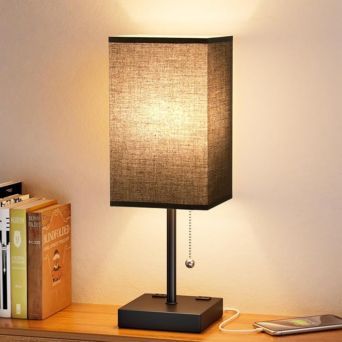 Black Lamp for Bedroom - 3 Color Temperatures, USB A+C, 2 AC Outlets | Pull Chain Switch, LED Bulb Included, Black Fabric Shade, 17.4" Table Lamp for Nightstand, Desk, Living Room, Office