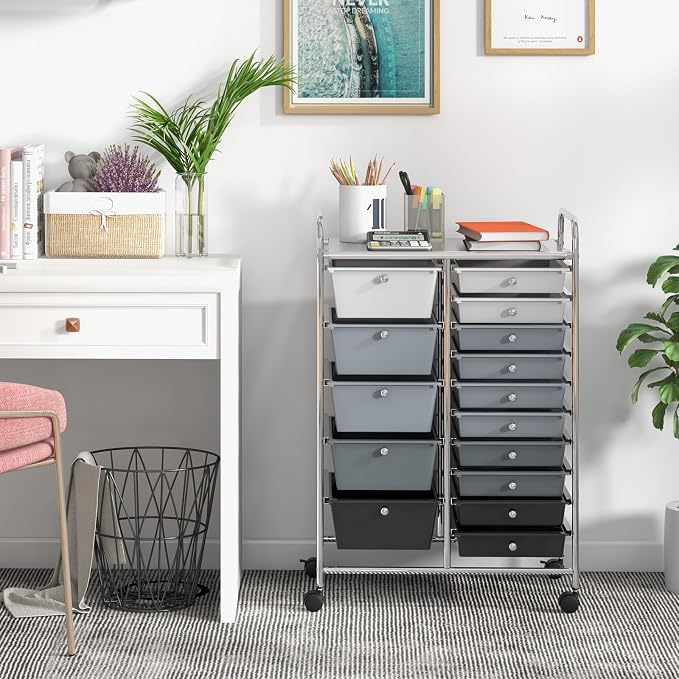 GLACER 15 Drawers Rolling Storage Cart, Steel Frame Craft Organizer Cart | Utility Cart w/Lockable Wheels & Sleek Handle, Mobile Art & Tool Supply Trolley for Teacher, Home, School, Office (Grey)
