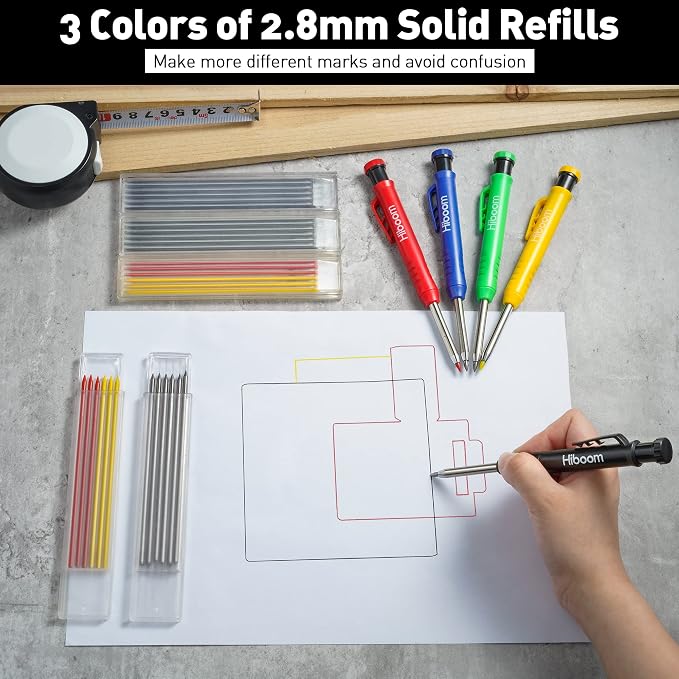 Hiboom 5 Pcs Mechanical Carpenter Pencil, 30 Pcs Refills Needle Nose Tip Hole Marker with Built in Sharpener, Scribe Making Tools for Woodworking, Design Patent (Yellow, Red, Green, Blue, Black)