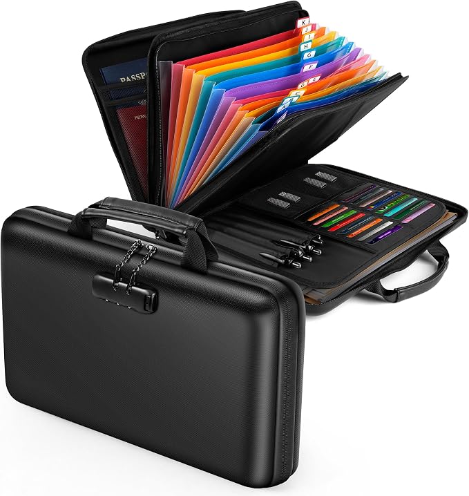 Fireproof Document Safe Box with Lockable Zipper, Hard-shell, 13 Pockets, Waterproof for Important Papers Binder, Fire/Water Resistant File Box for Travel, Home & Office, Organizer for Passport, Cards