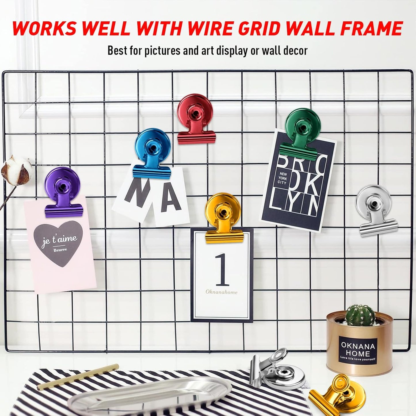 FINDMAG 12 Pack Magnetic Clips for Photo Display and Picture Hanging, Heavy Duty Scratch-Free Fridge Magnets, Strong Clips for Photo Display, Whiteboard, Office, Kitchen, School, 30mm Wide, Gold.