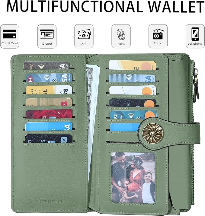 Travelambo Women's Wallet RFID Blocking Trifold Clutch Large Capacity Credit Card Holder Travel Purse