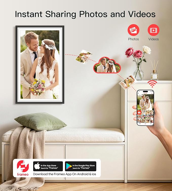 BIGASUO Digital Picture Frame Frameo 15.6" WiFi Electronic Photo Frames Large with 64GB Memory 1920x1080 IPS FHD Touch Screen Share Moments Instantly Anywhere Photo Gifts for Parents and Grandparents