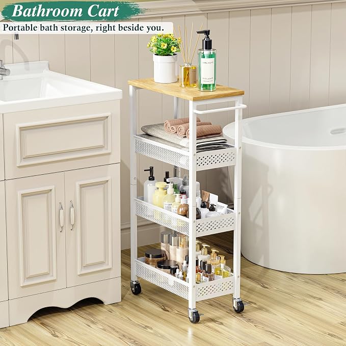 OKZEST 4-Tier Slim Rolling Storage Cart for Laundry Room, Bathroom, Kitchen | Upgraded metal hub casters, Narrow utility cart for small space/gaps, Premium wood top & metal mesh shelf, with handle & hook