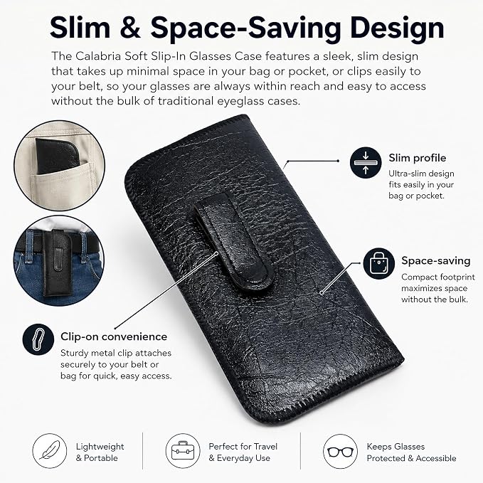 Calabria Soft Slip-In Glasses Case Pocket Metal Clip Black (3 Pack) for Men/Women Synthetic Leather Felt Lining 6.5"x3"