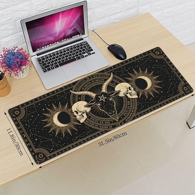 Gothic Skull Goat Gaming Mouse Pad Large Extended Desk Mat Non-Slip Rubber Base Keyboard Pad with Stitched Edges for Office Gaming 31.5x11.8 in