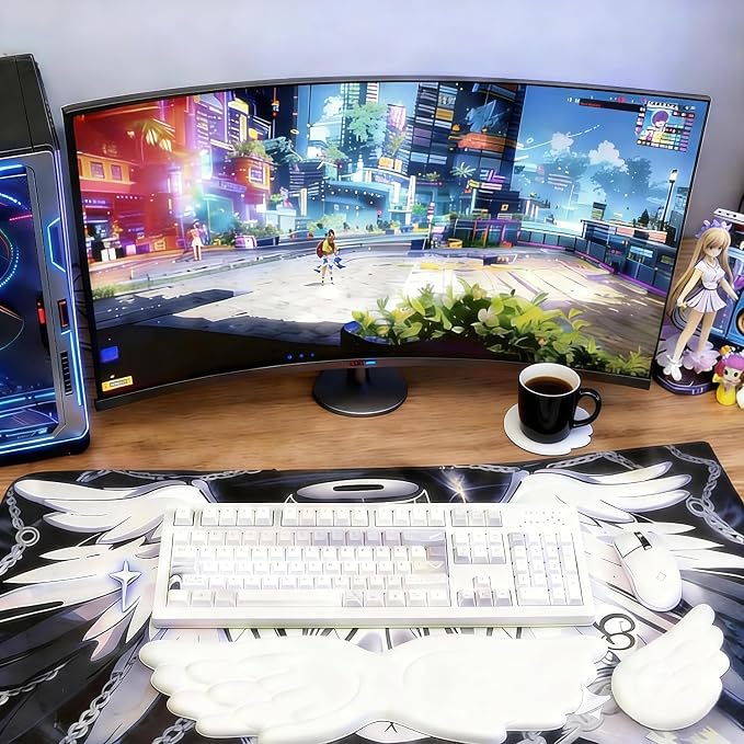Angel Wing Wrist Rest Ergonomic Memory Foam Wrist Rest for Computer Keyboard Mouse Set with Cup Mat, Cute Gaming Keyboard Cushion Hand Support PU Leather Surface Anti-Slip Waterproof（White）