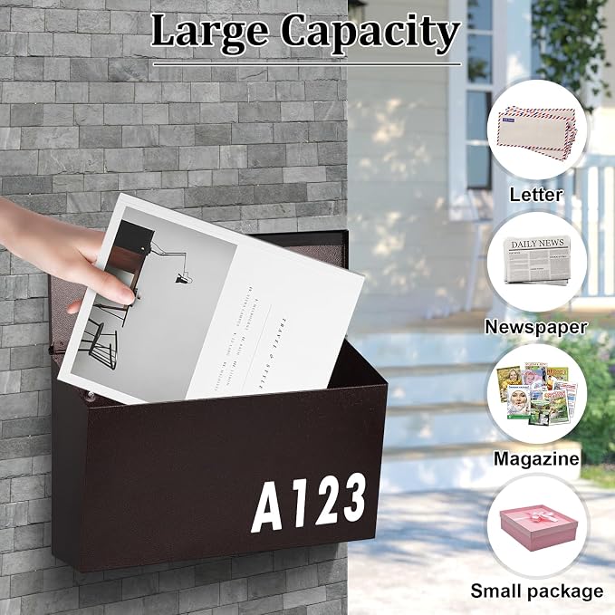 Dalmbox Wall-Mount Mailbox Large Mailbox for Post Rust-Proof Galvanized Steel Box for Outside or Townhouse Horizontal Style, Bronze, 15.7” x 4.3” x 9.4”