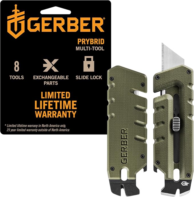Gerber Prybrid EDC Pocket Knife Multitool 8-in-1 Box Cutter, Green G10