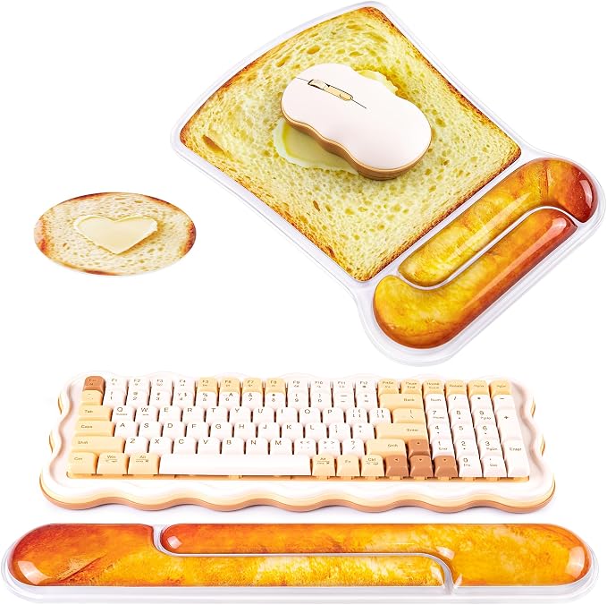 Ospelelf Mouse Pad and Keyboard Wrist Rest Cute Funny Gel Mousepad Set, Support for Typing Gaming, Relieve Wrist Pain, Cool & Easy to Clean, for Office, Programmer, Home Computer Use, Butter Bread