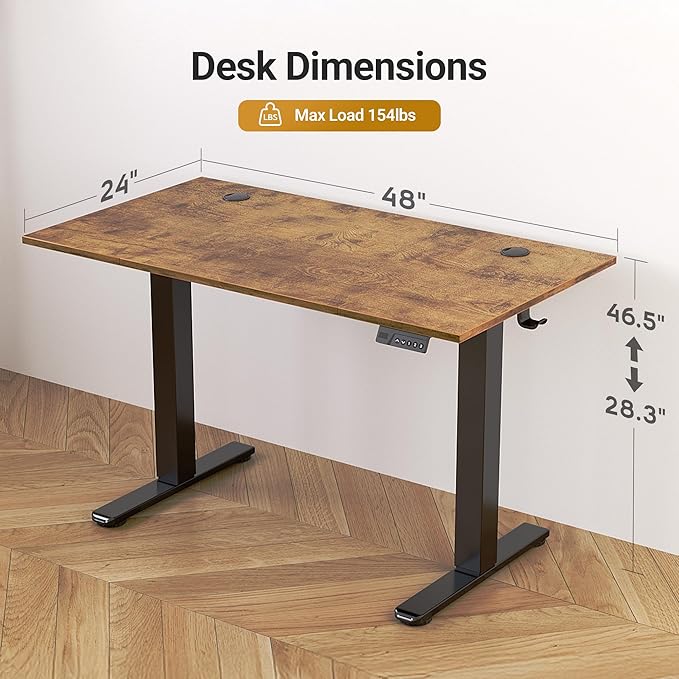 Claiks Electric Standing Desk, Adjustable Height Stand up Desk, 48 * 24 Inches Sit Stand Home Office Desk with Splice Board, Black Frame/Vintage Brown Top