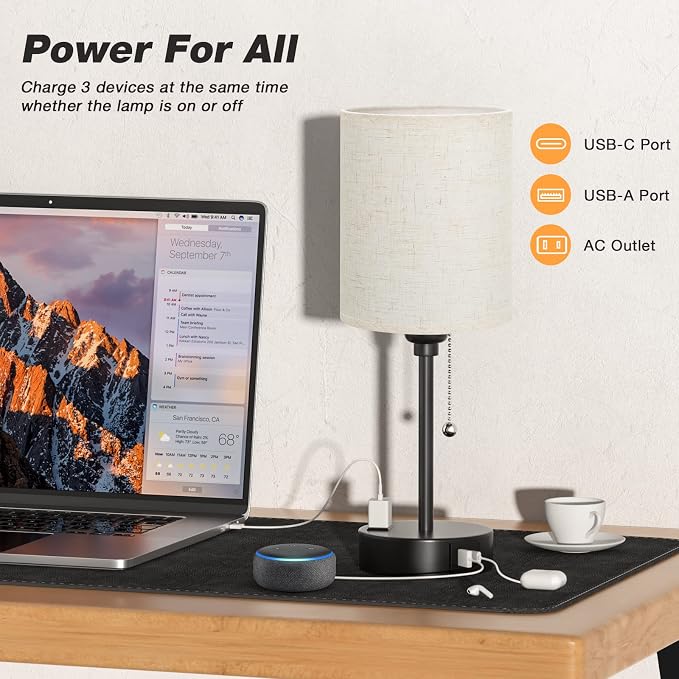 Small Bedside Table Lamp for Bedroom - Desk Lamp with USB Ports for Dorm | USB A+C Ports, AC Outlet, 3 Color Temperatures, LED Bulb Included, 14" Night Stand Lamp