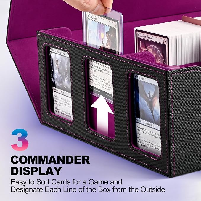 UAONO Card Storage Box for Trading Cards, 1800+ Commander Deck Box for MTG with Display Window, Toploader Card Case fits Magic TCG PTCG Sports Cards; 10 Removable Divider, 3 Stoppers (Black, Purple)