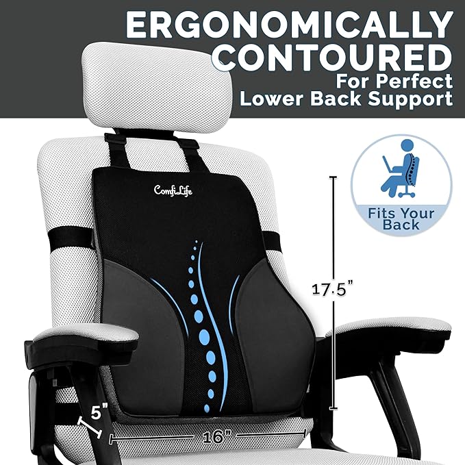 ComfiLife Lumbar Support Pillow for Office Chair – Premium Memory Foam Lumbar Pillow – Back Support for Office Chair, Car – Back Pain Relief, Improves Posture – 3 Adjustable Straps, Mesh + Leatherette