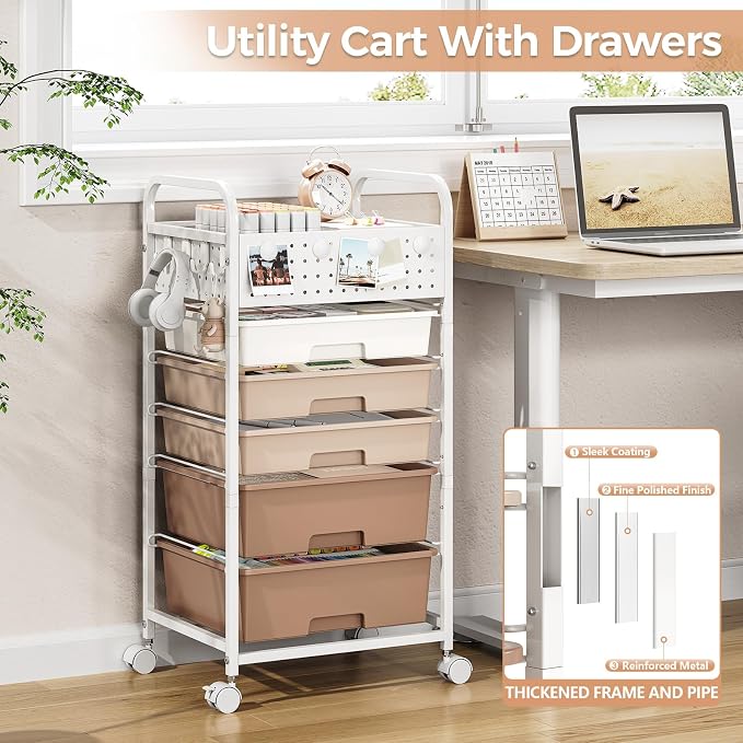 5 Drawer Rolling Storage Cart with Pegboard Top and Hooks, Brown | Mobile Organizer Cart with Wheels for Office Supplies, Craft Storage, Classroom Organization, Home Utility Cart
