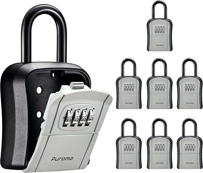 Puroma Key Lock Box, Portable Combination Lockbox Wall-Mounted Key Storage Box for House Keys, Resettable Code Safe Security Lock Box for Home, Office, Apartment Spare Key Storage (8 Pack, Gray)
