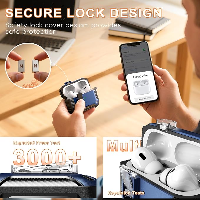 for AirPods Pro 2 Case with Lock Magnetic Lid, Blue | Compatible with AirPods Pro 2nd Generation and AirPods Pro 1st Generation (2019) Case with Cleaner Kit & Carabiner, MagSafe