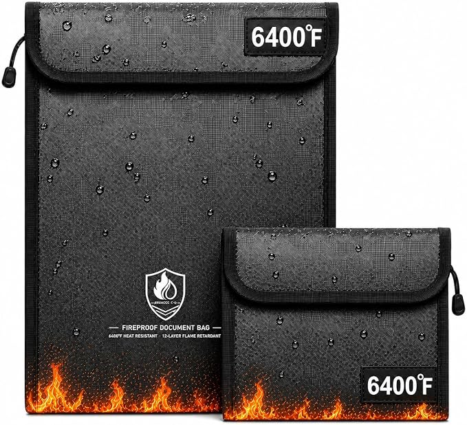 Fireproof Document Bag Set, 6400°F, 15.4x11.2'', 8.7x5.9'' | 12-layer Fireproof & Water Resistant File Bag, Non-itchy Fiberglass, Large File Storage & Money Pouch