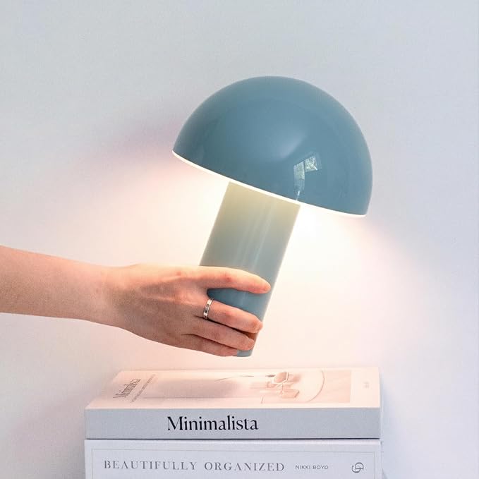 Brightech Celia Small Lamp – 10" Touch-Controlled Mushroom Table Lamp, Cordless & Dimmable LED, Portable & Rechargeable Bedside Night Light, Sustainable Recycled Modern Lamp for Home Décor, Light Blue