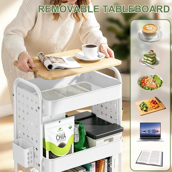 3 Tier Rolling Cart with Table top, Metal Utility Cart with DIY Pegboard | Sturdy Storage Organizer Cart with Locking Wheels,Hooks& Cups for Office, Classroom, Kitchen and Bathroom, White