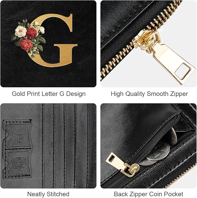 Passport Holder for Travel Personalized Wallet with Wristlet Women | Passport Cover, RFID Blocking, Passport Book Holders, Back Coin Pocket, Zipper Closure, Roses Initial Letter, Black G