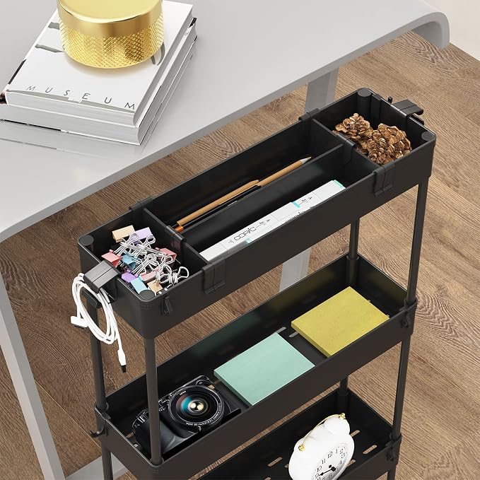 Slim Storage Cart 4 Tier,Bathroom Organizer Rolling Utility,Mobile Shelving Unit Slide Out for Office, Kitchen, Laundry Room & Narrow Places,Black
