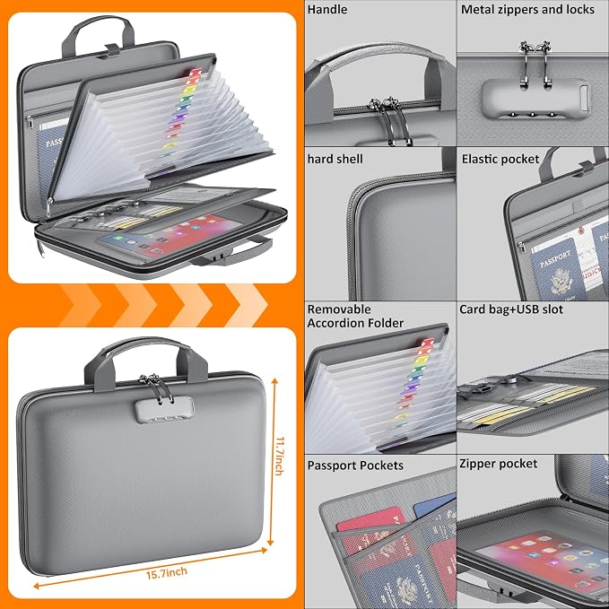 Tamfile Fireproof File Organizer with Lock,Hard Case Fireproof Document Box | 13 Transparent Pockets Accordion File Folder, Office Important Document Organizer for Letter A4 Files Laptop Passports, Grey