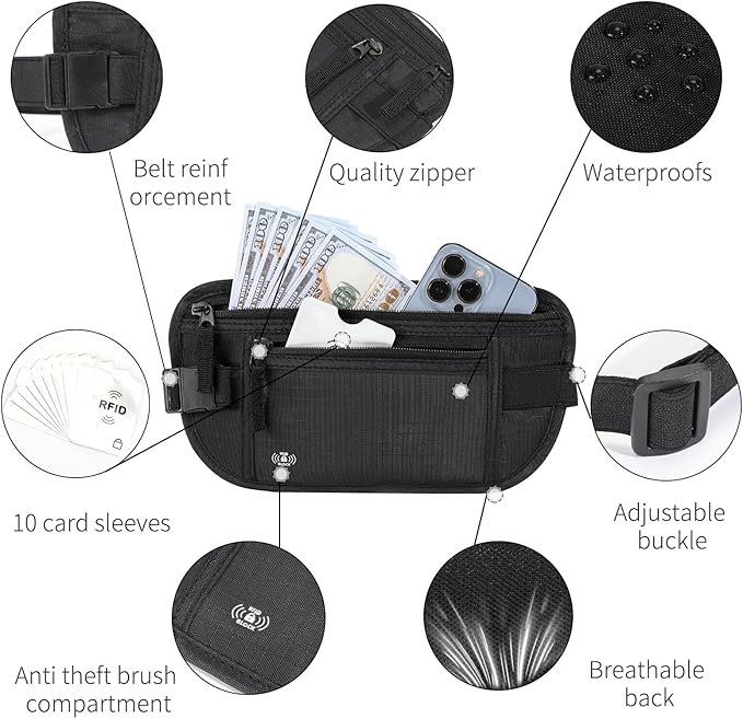 Money Belt for Travel, RFID Blocking, Hidden Money Belt, Passport Holder for Travel (Black)
