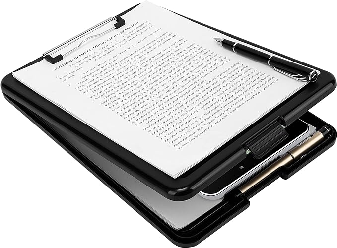 Amazon Basics Sturdy Plastic Storage Clipboard for School & Office Supplies, Lightweight, Black, 4-Pack