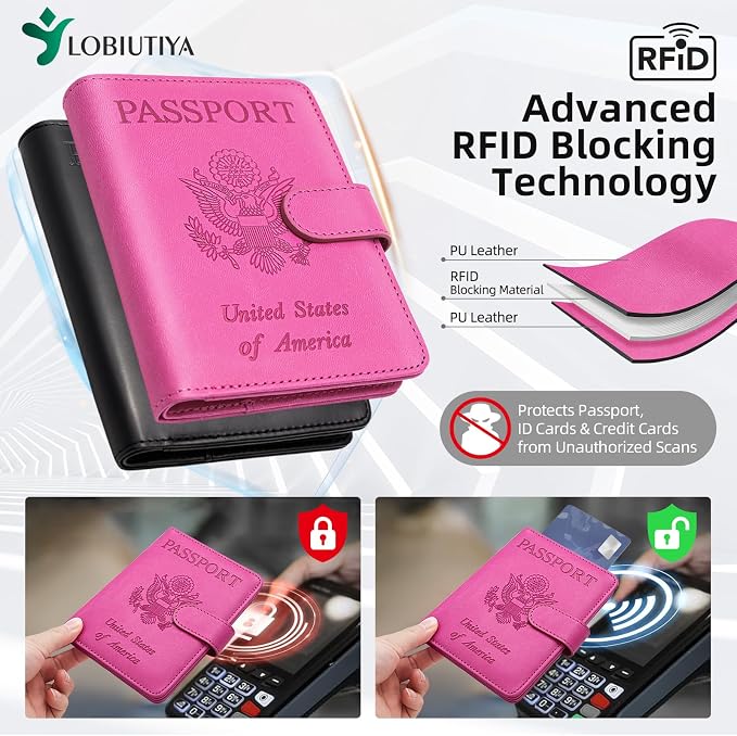 2 Pack Passport Holder For Travel with Slot for AirTag & Luggage Tag Cover – RFID Blocking Passport Holder for Travel Women/Men | PU Leather Passport Case with Pocket, Black/Pink