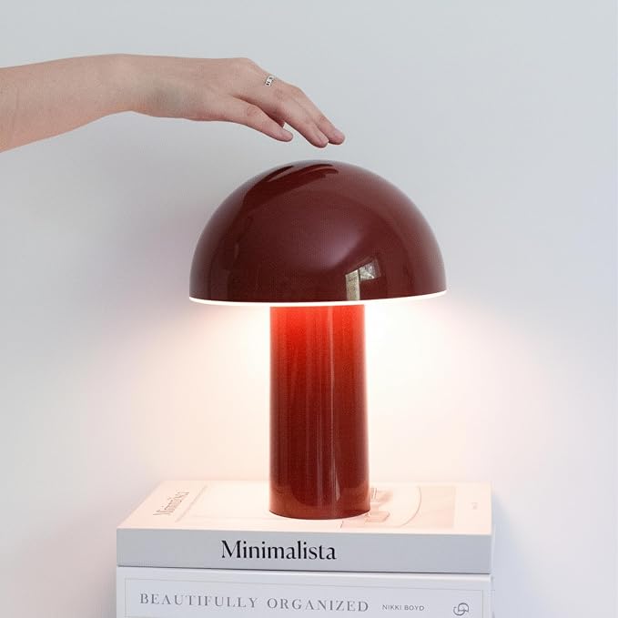 Brightech Celia Mood Lamp – 10" Touch-Controlled Mushroom Table Lamp, Cordless & Dimmable LED, Portable & Rechargeable Bedside Night Light, Sustainable Recycled Modern Patio Lamp for Home Décor – Red