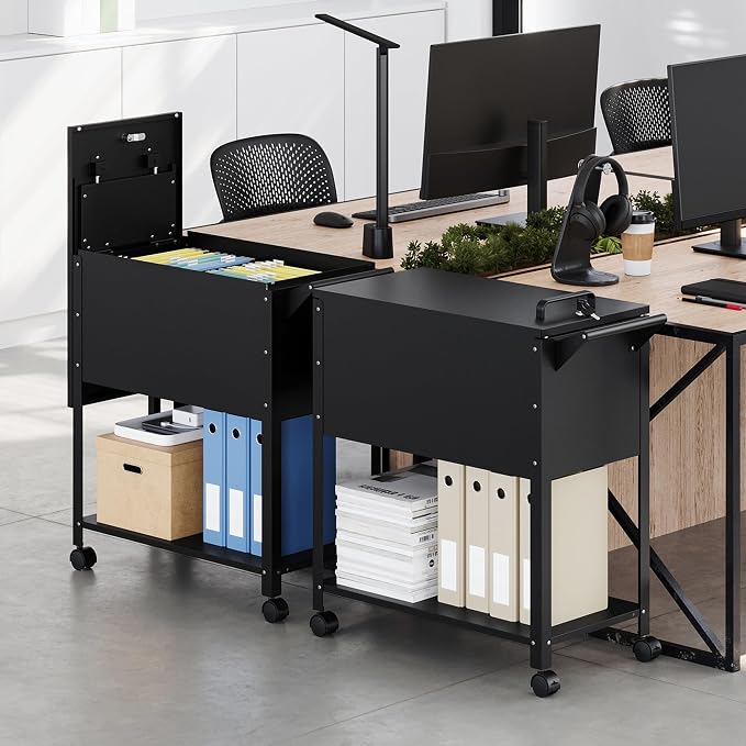 Mobile File Cabinet with Lock-Rolling Filing Cart with Wheels-Hanging Letter/A4/F4/Legal Size Movable Pull-Out File Folder for Home Office-Black