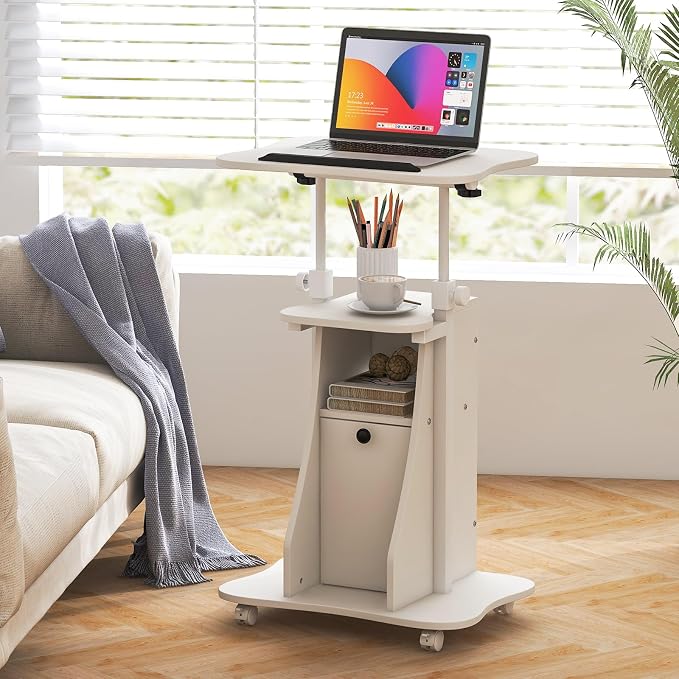 Tangkula Mobile Laptop Podium, Height Adjustable Sit to Stand Desk with Tilting Desktop & Storage Cabinet, Ergonomic Rolling Lectern Cart Laptop Desk, Office Podium Stand on Wheels