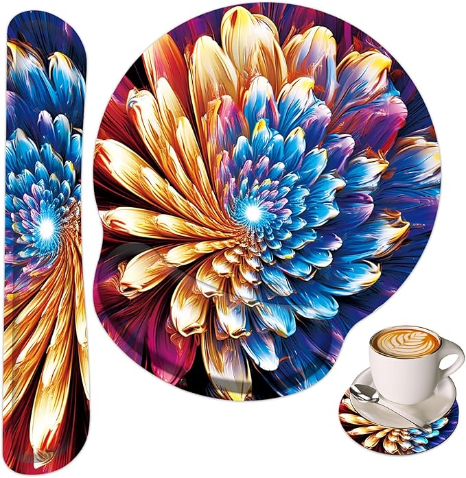 Keyboard Wrist Rest and Mouse Wrist Rest Pad with Cup Coaster,Made of Memory Foam,Ergonomic Support,Easy-Typing and Pain Relief,for Gaming Office Home Computer,Abstract Flower