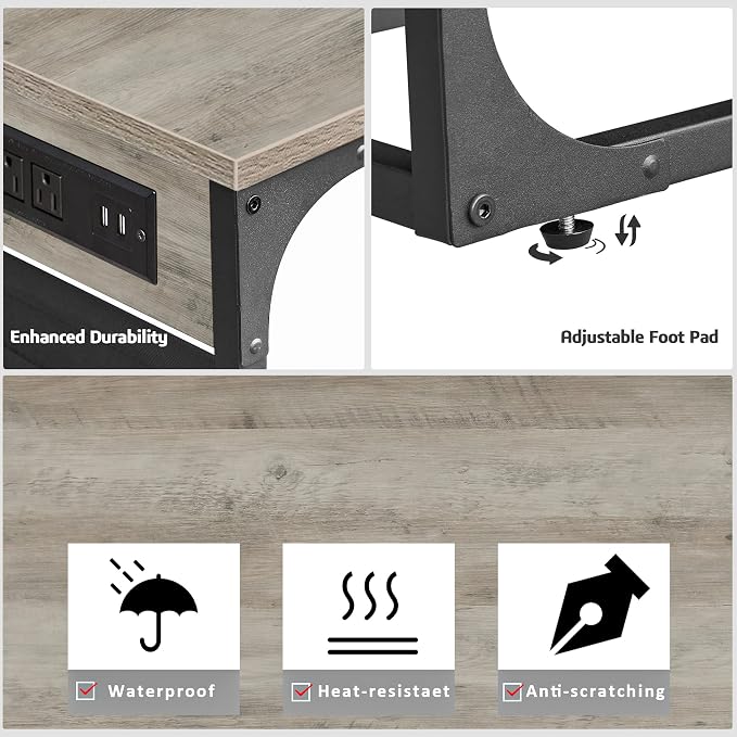 TUTOTAK C Shaped End Table with Charging Station, Side Table for Sofa | Couch Table with Storage Bag, TV Tray with 2 USB Ports and Outlets, Set of 2, Living Room and Bedroom, Greige TB01BG0242
