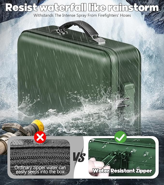 Fireproof Document Box, Hard Case Highly Flame-Resistant Fire Proof Waterproof File Organizer with Lock, Portable Fire Safe for Important Documents & Valuables Storage (Green, ‎15"*11"*5")