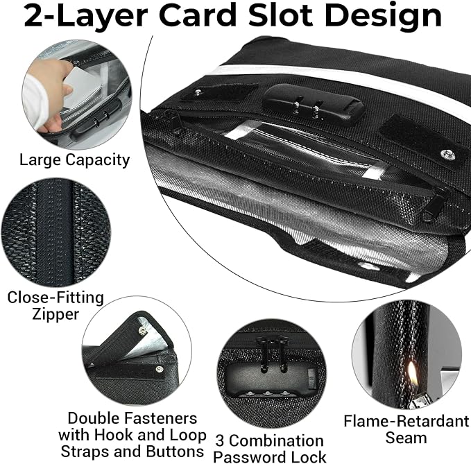 6200°F Fireproof Document Bag with Lock, 11.4 x 8.3 Inch Fire Proof Bag for Documents with Zipper, Water Resistant Envelope with Reflective Strip, Fireproof Money Pouch Black
