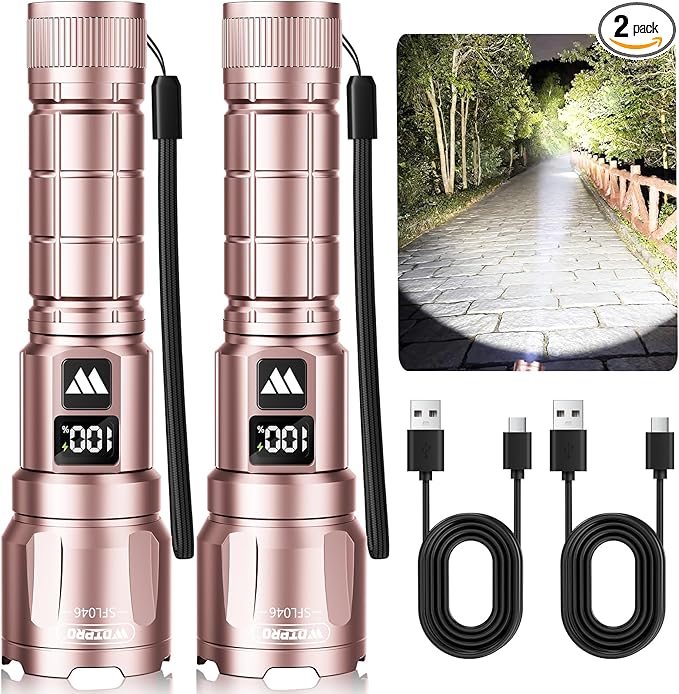WdtPro LED Rechargeable Flashlight 2 Pack, 3 Modes Super Bright High Lumens Flashlights, Zoomable Tactical Flash Light with LCD Display, IP65 Waterproof Flashlights for Home Emergency Camping - Pink