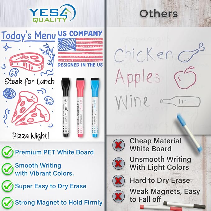 YES4QUALITY Magnetic Dry Erase White Board Sheet for Fridge 12x8 in, with Stain Resistant Technology, Includes 3 Markers and Big Eraser with Magnets, Small Refrigerator Whiteboard Planner