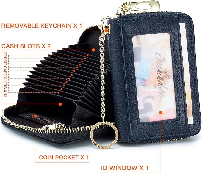imeetu RFID Credit Card Holder, Small Card Wallet Women, Leather Card Case | Genuine Leather Women's Card & id Cases, Change Coin Purse with Zipper Keychain id Window, 20 Colors & 3 Styles, Daily, Gifts